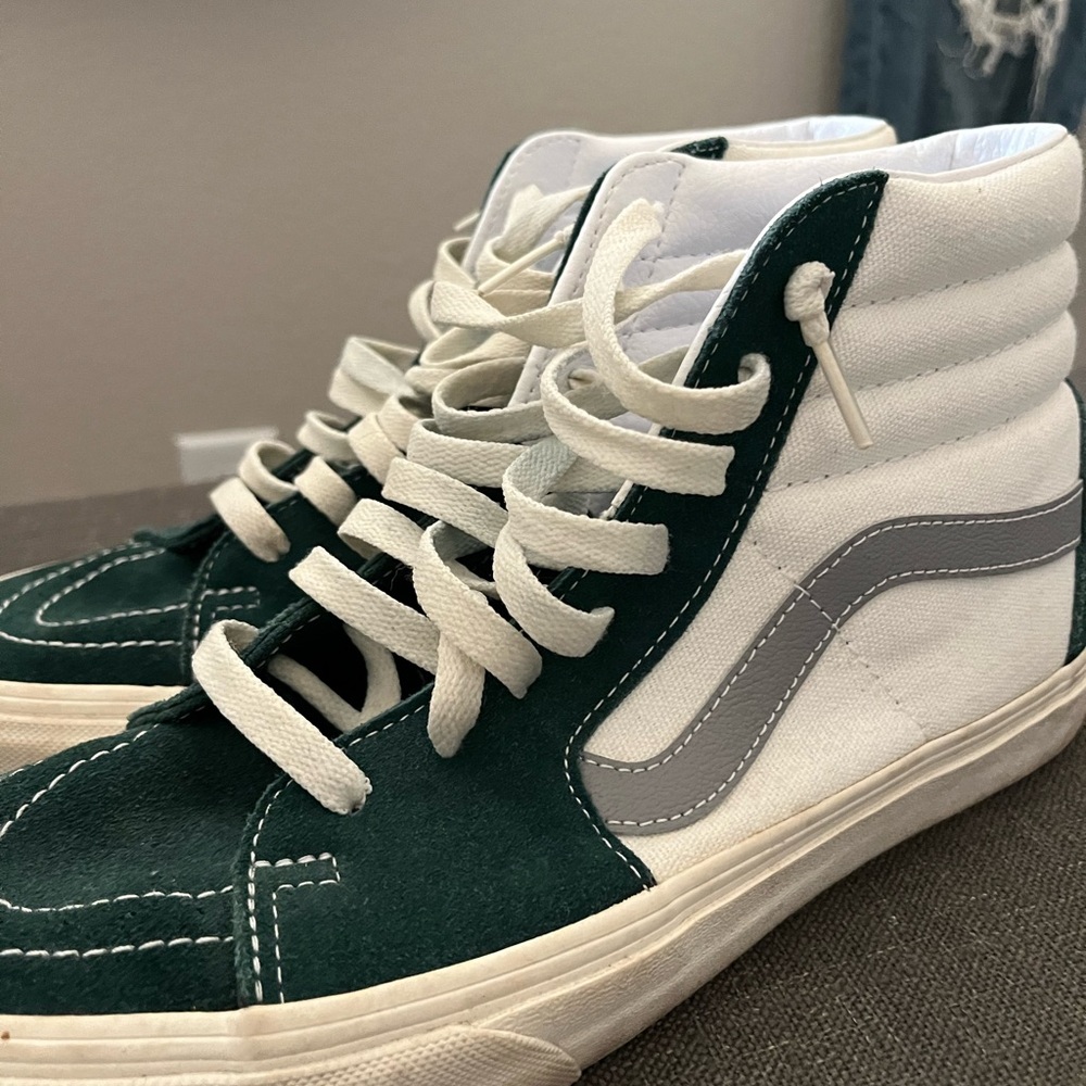 Vans high tops. Excellent condition. Green, grey and white. Suede and canvas